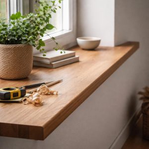 деревянный подоконник вровень со стеной